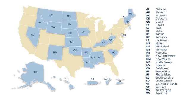 Map showing states and jurisdictions that are available for NSF EPSCoR funding