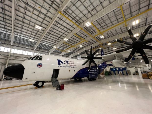 The NSF/NCAR C-130 sits in its hangar at the Research Aviation Facility in Broomfield, Colo.