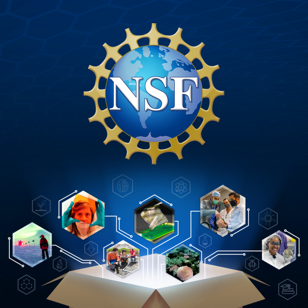 Large NSF logo with various NSF-focused imagery coming out of a box that is glowing.