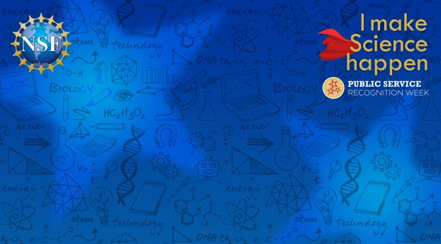 I make science happen, Public Service Recognition Week virtual background with blue colors and science icons such as test tubes, dna strands, gears and robots etc.