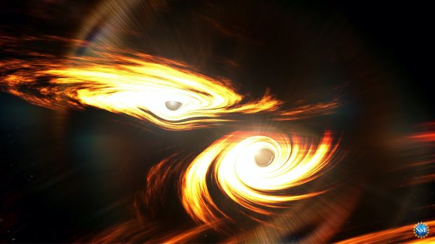 Image of two black holes merging. Gravitational waves can be seen between the two.