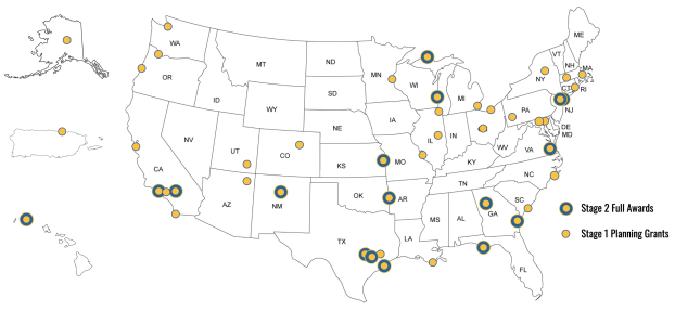 Map showing 2022 Civic Innovation Challenge awards