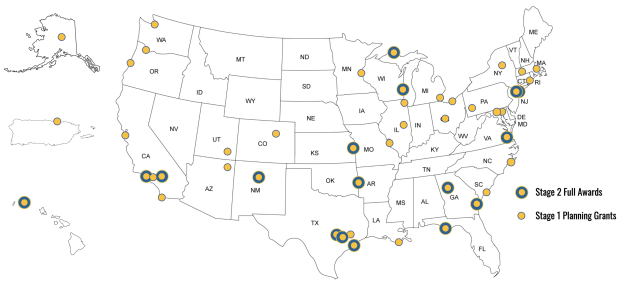 Map showing 2022 Civic Innovation Challenge awards 