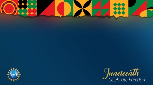 blue background with a red, gree, yellow, and black banner at the top to celebrate Juneteenth