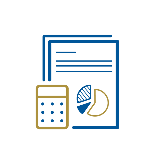 Illustration of a calculator and a report with pie charts