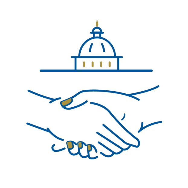 Illustration of a handshake with a capitol building in the background