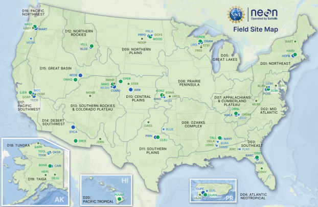 U.S. map showing 2023 NEON field sites.