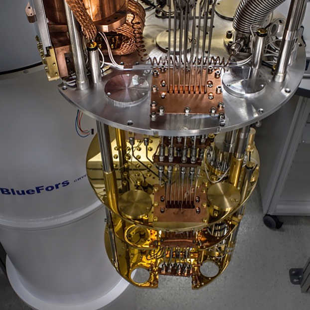 A quantum computer based on superconducting circuits. Dilution refrigerator is opened to expose the control system.