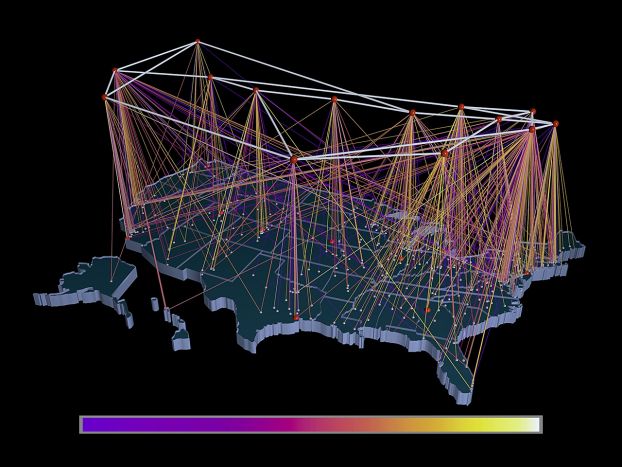 A map of the United States with lines connecting many points across the country.