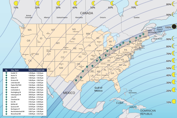 A map of the continental United States showing the path of totality for April 8th's eclipse, running in a diagonal line from Texas to Maine.