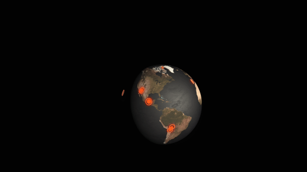 An animation of the Earth with red dots in different locations, representing the stations of the EHT, and pulses of radio waves sweeping across the planet.