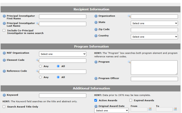 A screenshot of the NSF Award Search Advanced Search, which includes many fields for searching, including recipient information, program information and other information.