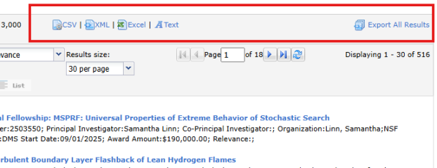 A screenshot of the NSF Award Search's export buttons, including CSV, XML, Excel and Text options.