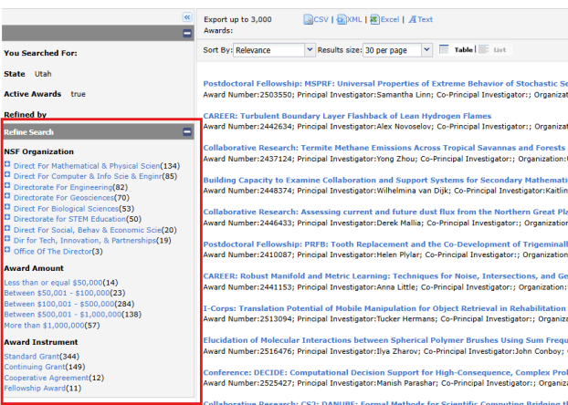 A screenshot of the left menu of the NSF Award Search, displaying options for refining search results.