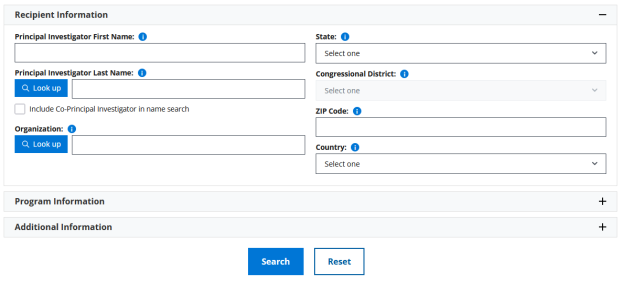A screenshot of the NSF Award Search Advanced Search, which includes many fields for searching, including recipient information, program information and other information.