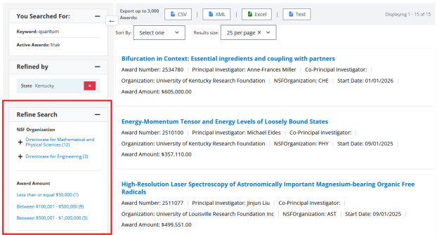 A screenshot of the left menu of the NSF Award Search, displaying options for refining search results.