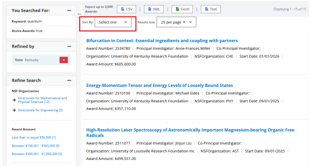 A screenshot of NSF Award Search results, with a red box drawn around the "Sort by" toggle.