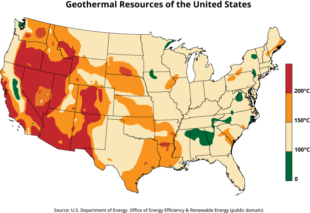 A heat map of the United States, colored by subterranean temperatures on a scale of 0 to approximately 250 degrees Celsius. Particularly hot regions span the western U.S., moderately hot areas in the Texas/Louisiana and Midwestern regions.