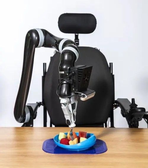 An assistive-feeding robot skewers a piece of fruit during a demonstration.