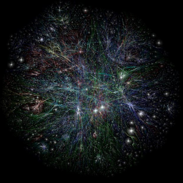An illustration of a complex web of fine threads of different colors.