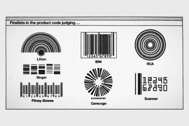 Six early barcode designs, ranging from radial and circular designs to vertical stripes.