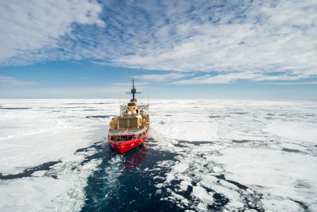 Coast Guard Cutter Polar Star (WAGB 10) transits through pack ice in the Southern Ocean, Dec. 28, 2022. Polar Star is en route to Antarctica in support of Operation Deep Freeze, a joint service, inter-agency support operation for the National Science Foundation, which manages the United States Antarctic Program.