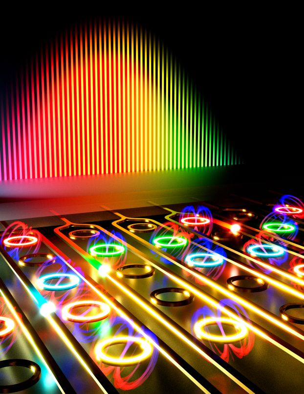 An illustration of multicolored lights depicting a new method for photonic in-memory computing that could make optical computing a reality in the near future.