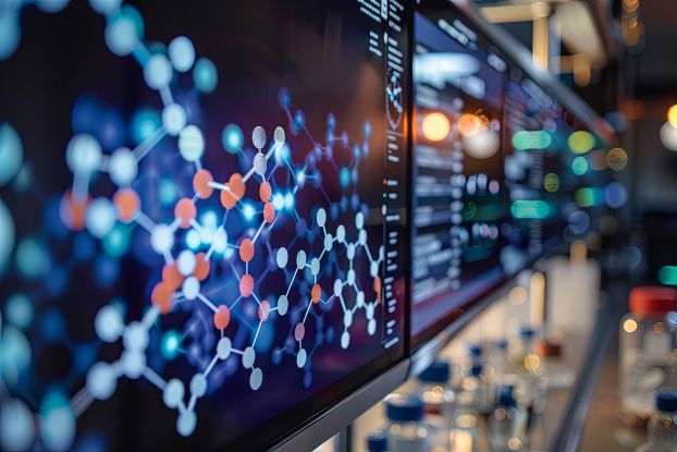 A closeup of computer screens featuring data and an animation of molecules.