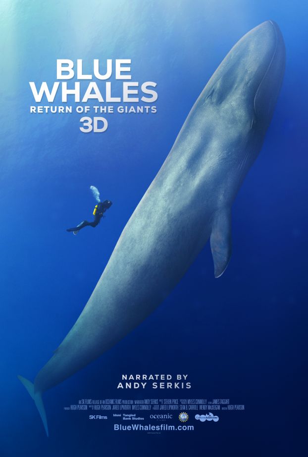 The movie poster for 'Blue Whales: Return of the Giants 3D,' which features a scuba diver swimming next to a blue whale.