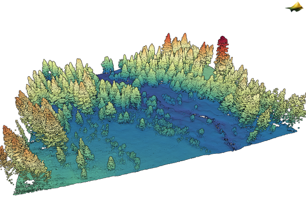 3D point cloud colored by elevation of a forested area of the dataset, Forest-Snow Interactions in a High Elevation Critical Zone, CA 2022. 