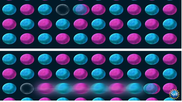 black background with pink a blue dots