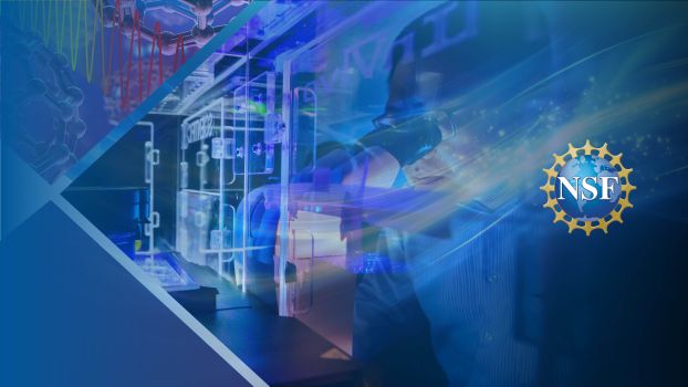 Graphic blue banner with scientist looking into microscope with the NSF logo.