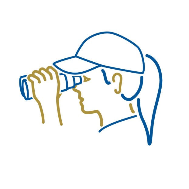 Stylized illustration of a researcher looking through a pair of binoculars.
