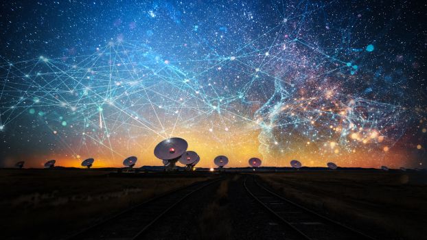 Several large radio telescopes beneath illustration of lines, dots and other imagery in the sky suggesting AI.