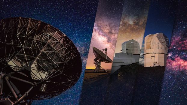 Collage showing landscape images of several NSF funded astronomy research facilities under the starry sky