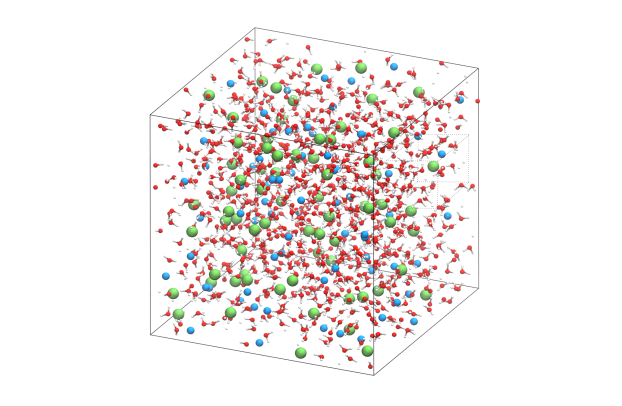 A simulation models the molecular dynamics of a saltwater solution