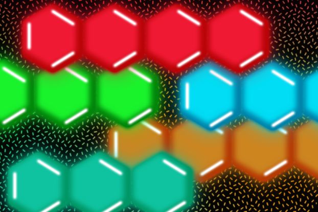 A rendering of stylized molecules known as acenes, emitting red, orange, yellow, green, and blue light