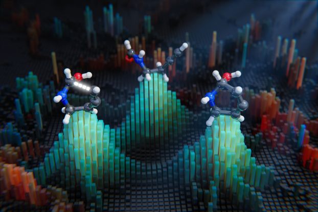 Visual representation of a computation model that can rapidly calculate and predict the transition state of a reaction (in photo, left structure), if it is given the structure of a reactant (middle structure) and product (right structure).