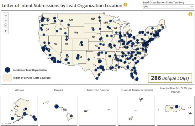 screen shot of NSF Engines letter of intent locations of lead organizations with 286 unique LOIs