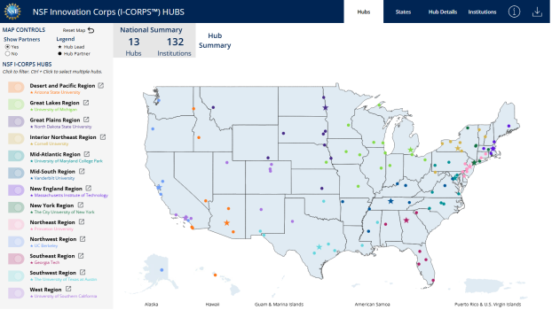 a map of i-corps hubs location - use link for more details