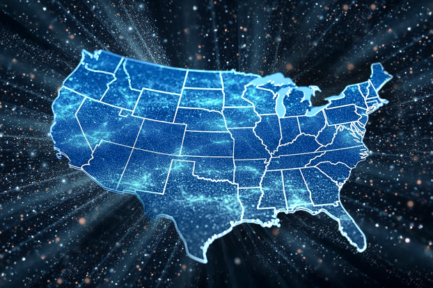 Abstract map of the United States with blue colors.
