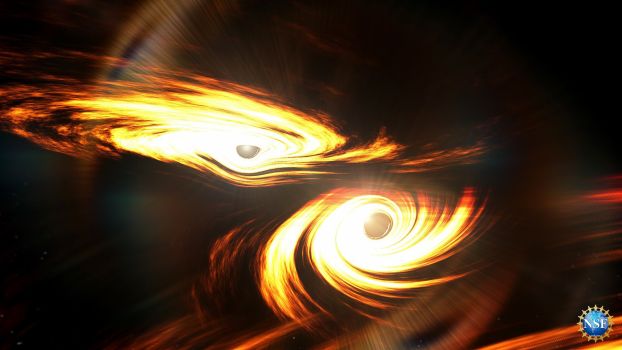 Image of two black holes merging. Gravitational waves can be seen between the two.