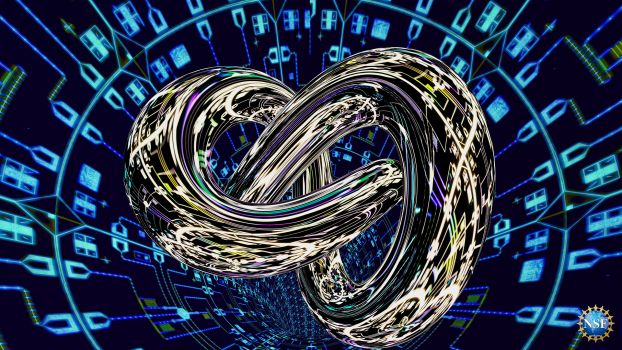 In this illustration, an object called a trefoil knot hovers amidst superconducting qubit chips.
