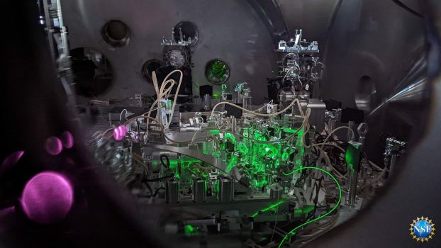LIGO's vacuum chamber when quantum-squeezing technology is operational and pumped with green laser light.