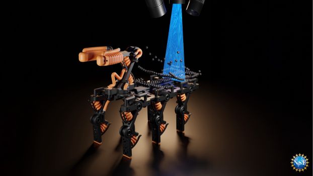A rendering showing a robot being 'built' layer-by-layer using a new 3D inkjet printing system.