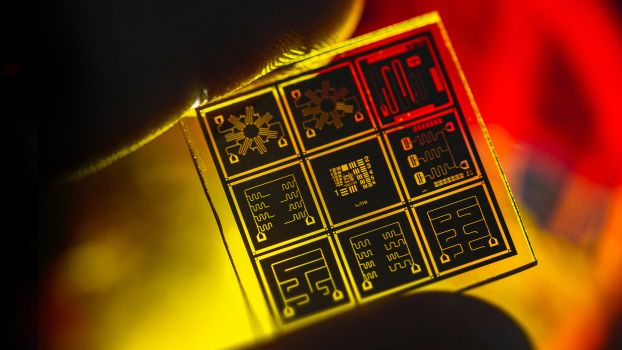 a yellow and orange close-up view of a quantum chip