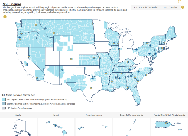 US Map showing the location and region of service of the NSF Engines Development Awards