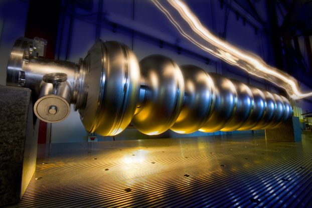 A superconducting radio frequency (SRF) cavity.