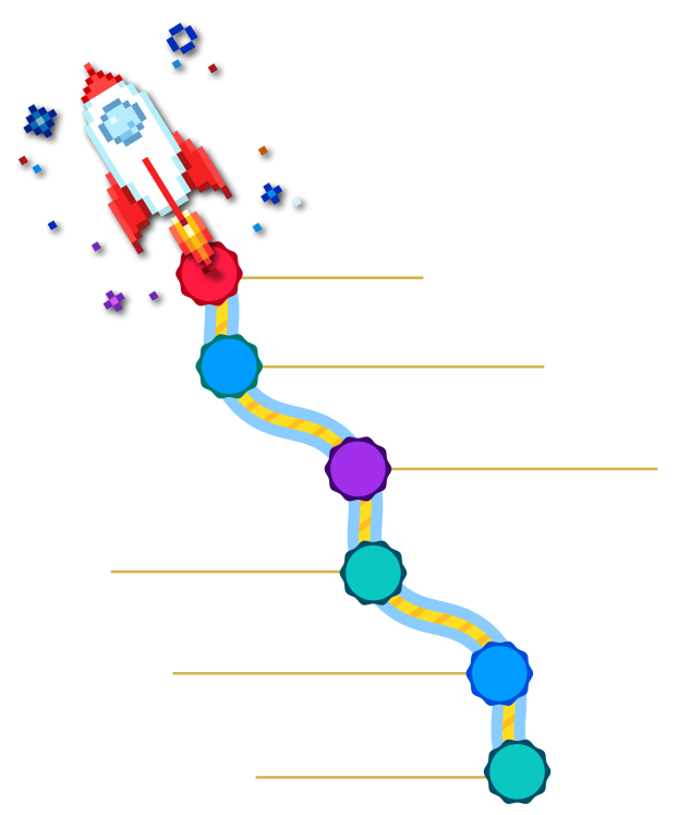 an 8-bit illustration of a space shuttle with challenge timeline. Refer to caption for details.