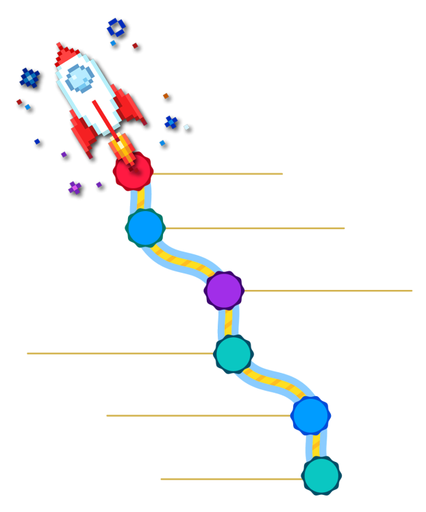 an 8-bit illustration of a space shuttle with challenge timeline. Refer to caption for details.